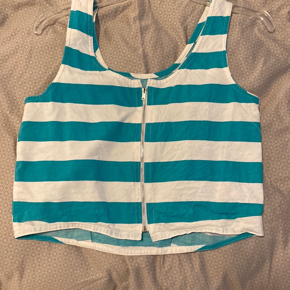 Vintage , size XS, blue and white, zipper front, stripe crop, linen blend tank